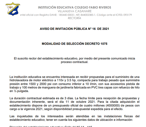 INVITACION PÚBLICA N° 016 DE 2021 SUMINISTRO HIDROLAVADORA