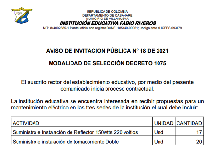INVITACION PÚBLICA N° 018 DE 2021 MANTENIMIENTO ELECTRICO EN LAS TRES SEDES