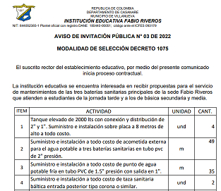 INVITACION PÚBLICA N° 003 DE 2022 MANTENIMIENTO BATERIAS SANITARIAS RESOLUCIÓN 202 DE 2021